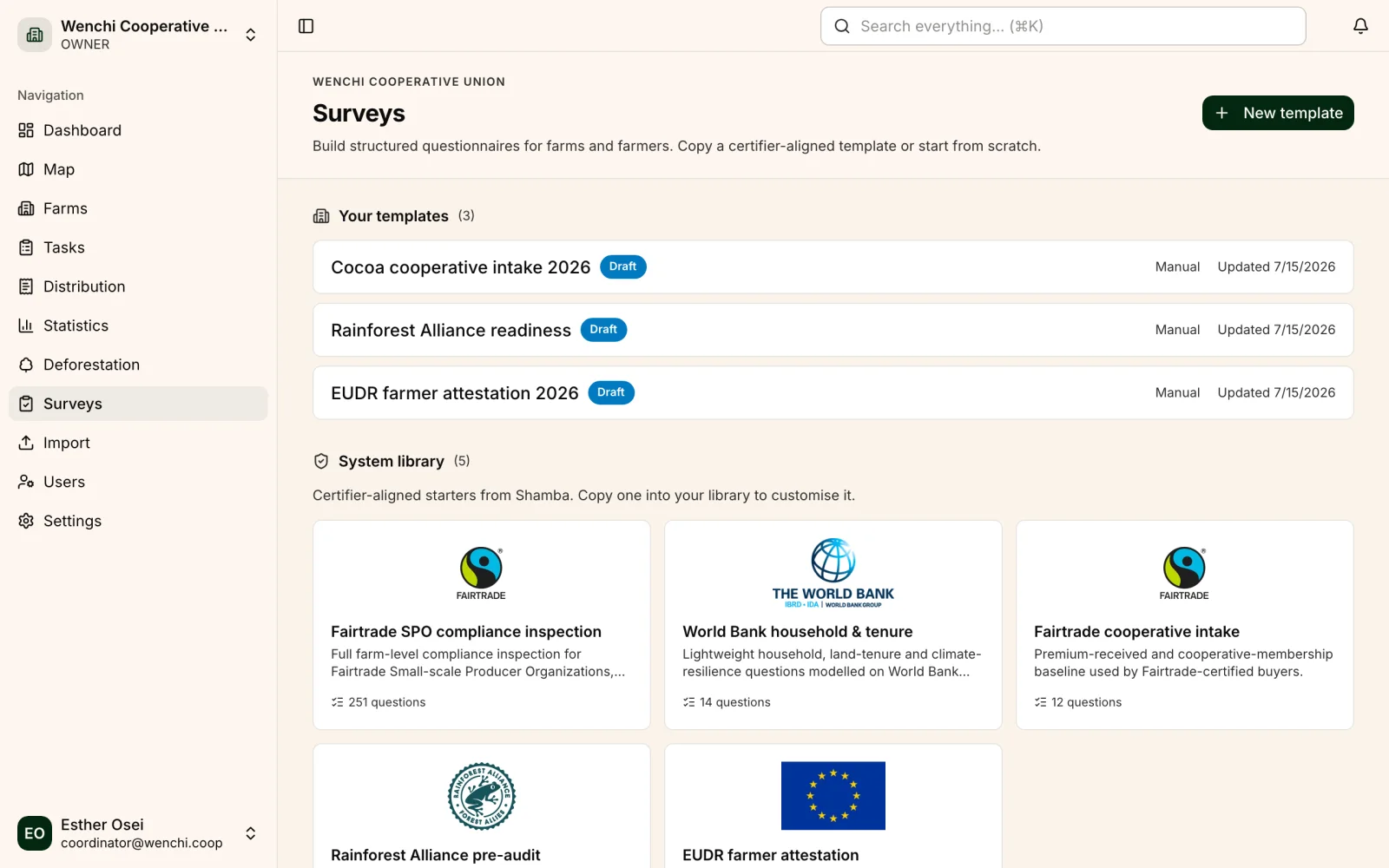 Shamba surveys: certifier-aligned templates for Fairtrade, Rainforest Alliance, World Bank, and EUDR