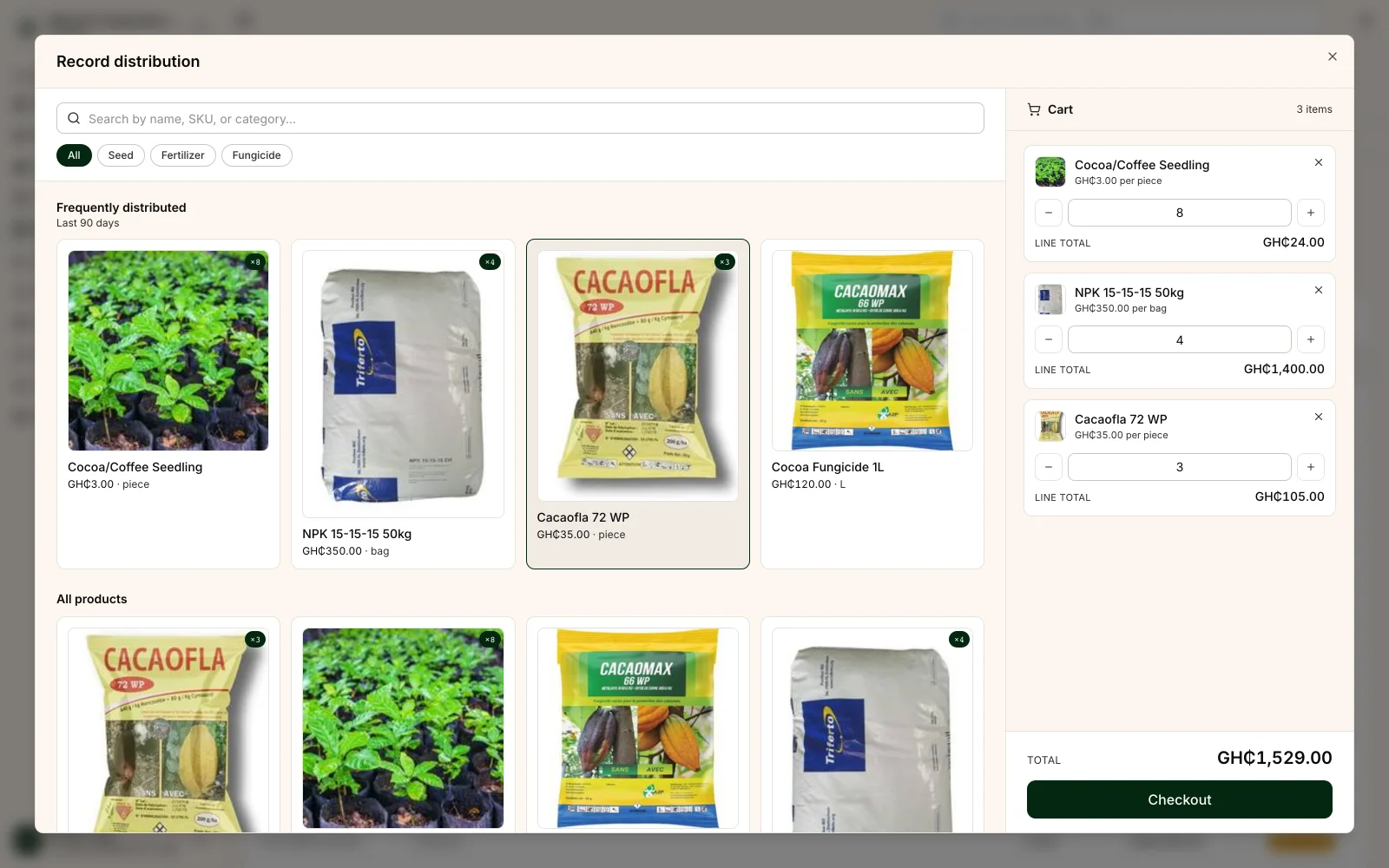 Shamba input distribution: selecting products with prices to record a hand-out