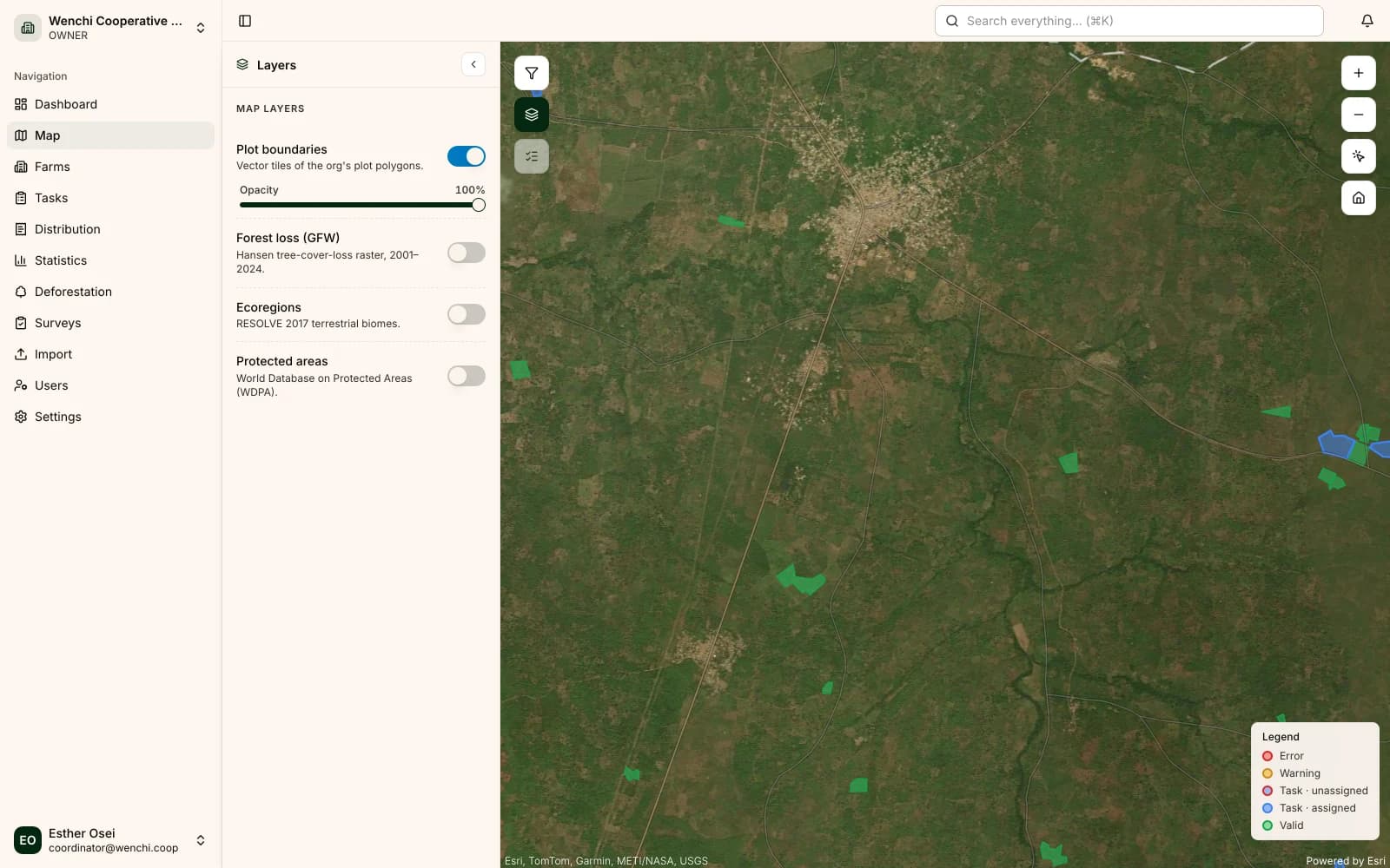 Shamba map showing farm plot boundaries over satellite imagery
